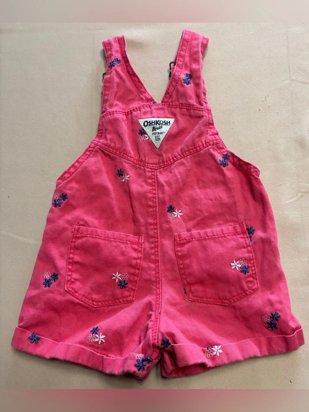 OshKosh Bgosh Baby Girl Overall Shorts 9 Months Dark Pink Flowers Embroidered